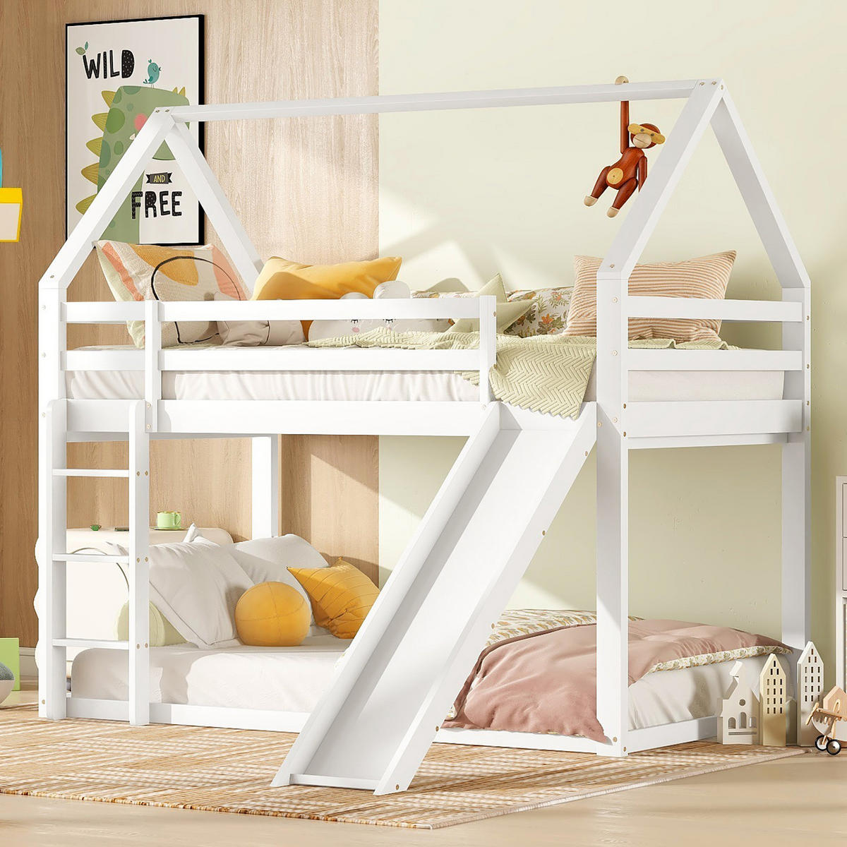 ETAGENBETT Hausform mit Rutsche und Leiter, Weiß, 90/200 cm - Weiß, Holz (90/200cm) - MIVRAY