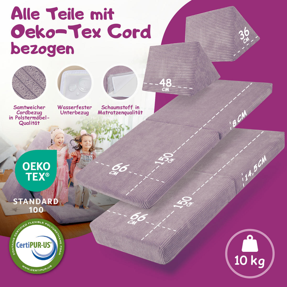 KINDERSOFA Spielparadies - Lila, Textil (66/52/150cm) - Linodino