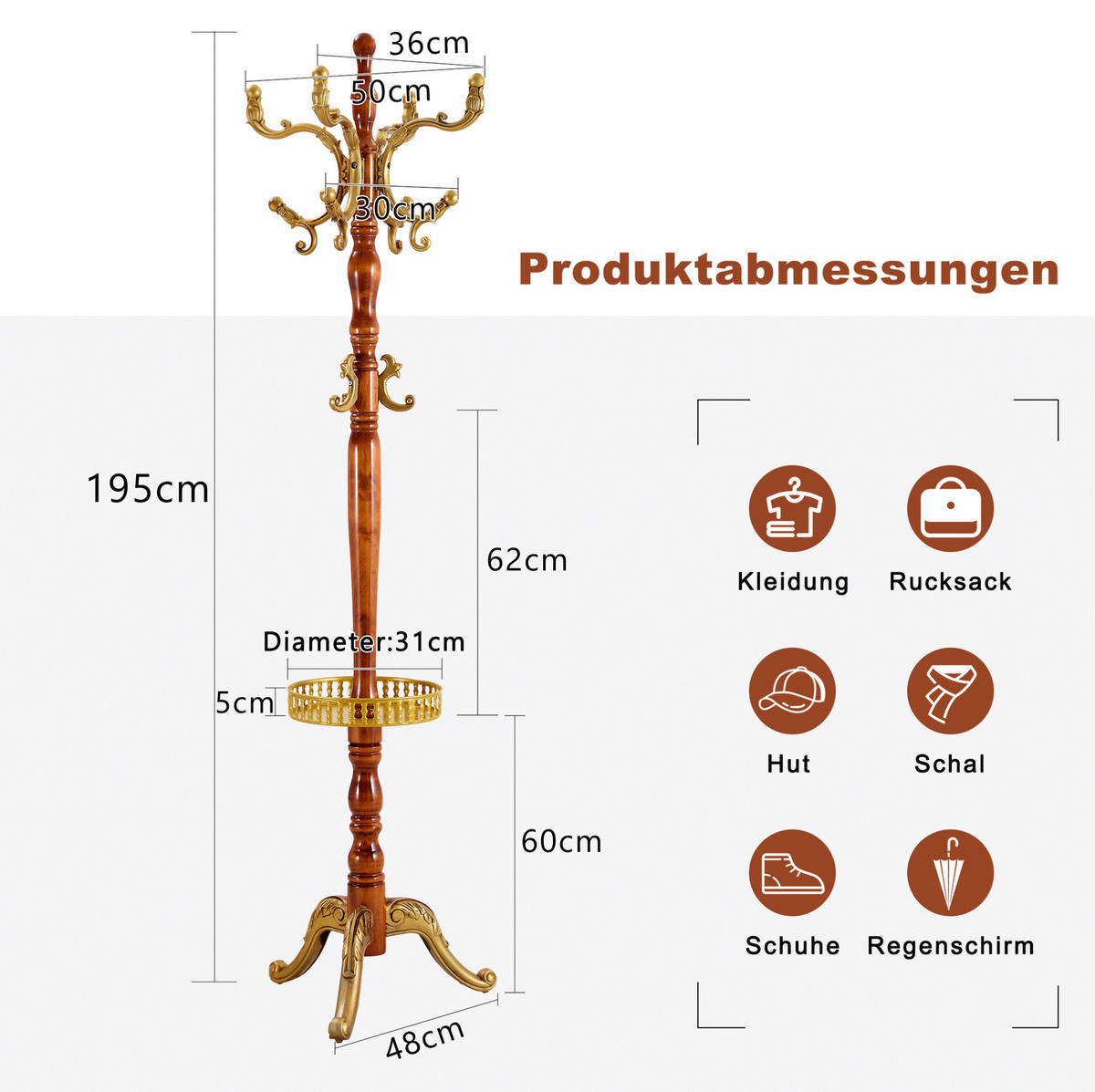 KLEIDERSTÄNDER mehrstöckig 195 cm Massivholz Holzoptik - Braun, Metall (48/195/48cm) - Beauniv