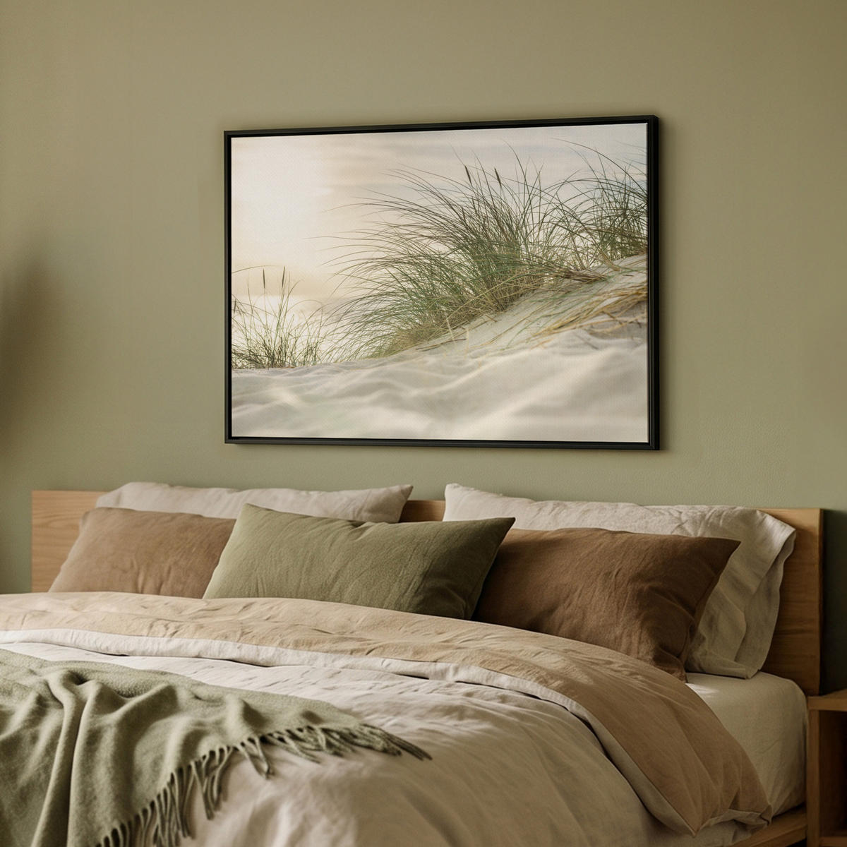 LEINWAND Bilder mit Rahmen - Dünen mit Strandhafer in der Sonne des Nationalparks Schleswig-Holsteinisches Wattenmeer - 70x50 - Creme, Textil (70/50cm) - MuchoWow