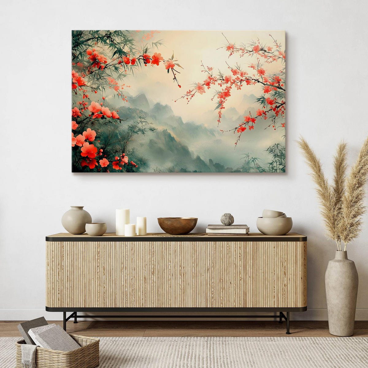 LEINWANDBILD Blumen Pflanzen Berge Landschaft 70cm x 50cm - Rot/Schwarz, Textil (70/50cm) - Muralo