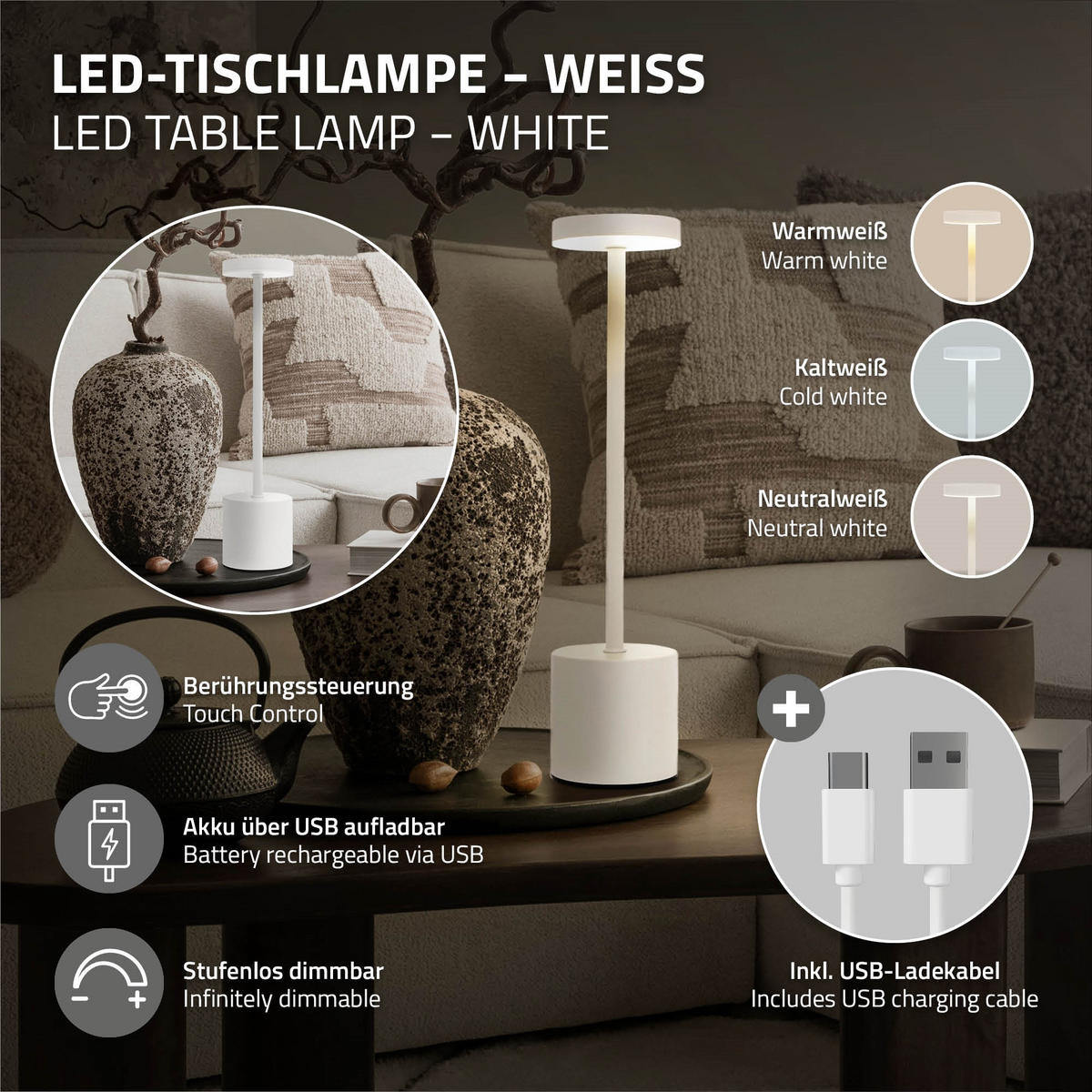 LED TISCHLAMPE kabellos Touch Weiß Ø8x34,5cm 3 Lichtfarben Dimmbar - Weiß, Kunststoff (8/8/34.5cm) - ML-DESIGN
