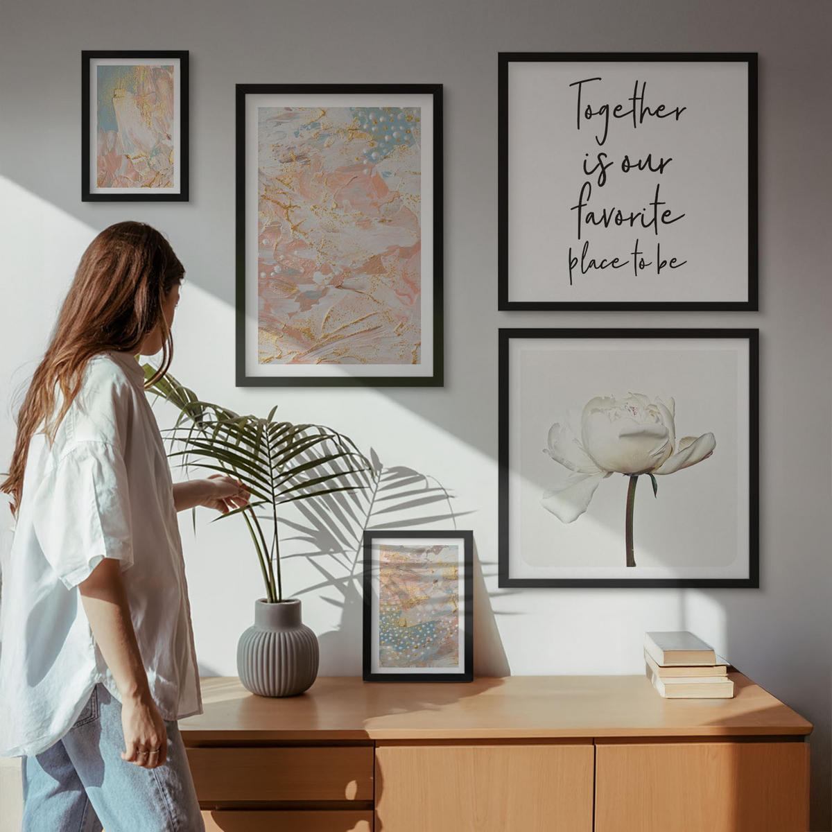 BILDER SET 5er Set - 50x50 cm & 20x30 cm & 40x60 cm Schwarzer Rahmen - Abstrakte Pastellmuster - Schwarz, Kunststoff (40/60cm) - TULUP