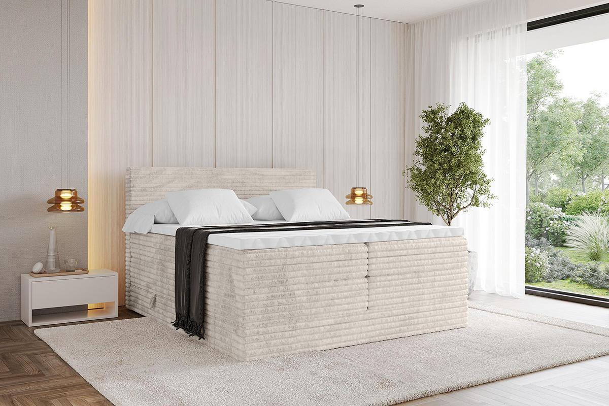BOXSPRINGBETT mit Matratze H3|H4 und Lattenrost - TOLO KING-v1 180x200 Cord - Creme - Creme, Holzwerkstoff (180/200cm)