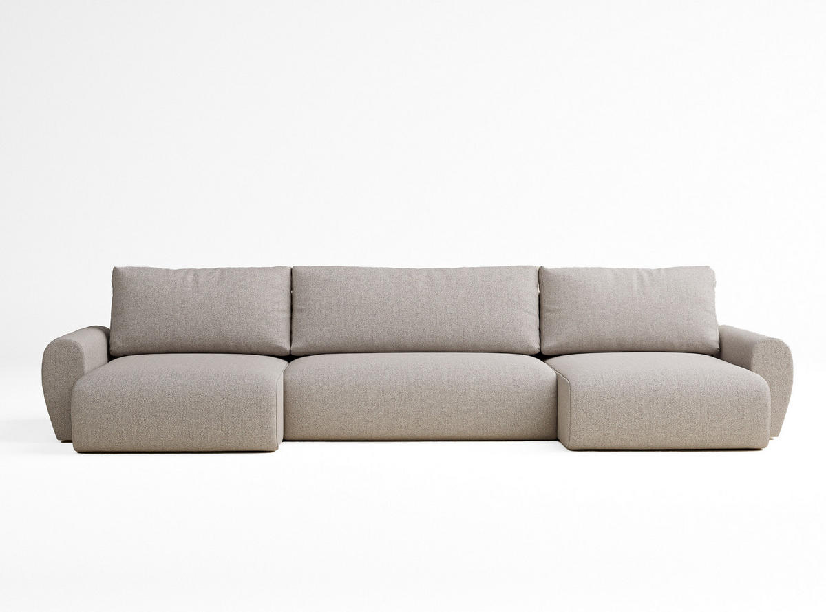 WOHNLANDSCHAFT MIT SCHLAFFUNKTION Numba Beige Webstoff - Schwarz/Grau, Holz/Holzwerkstoff (397/70/153cm) - Maison de Reve
