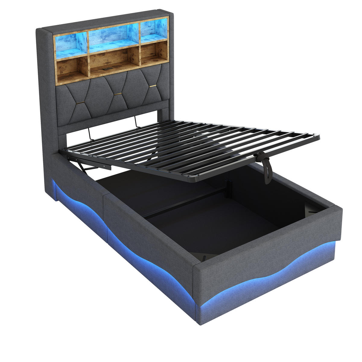 KINDERBETT 90/200 cm Grau mit hydraulischem Stauraum und LED-Beleuchtung - Grau, Metall (90/200cm) - OKWISH