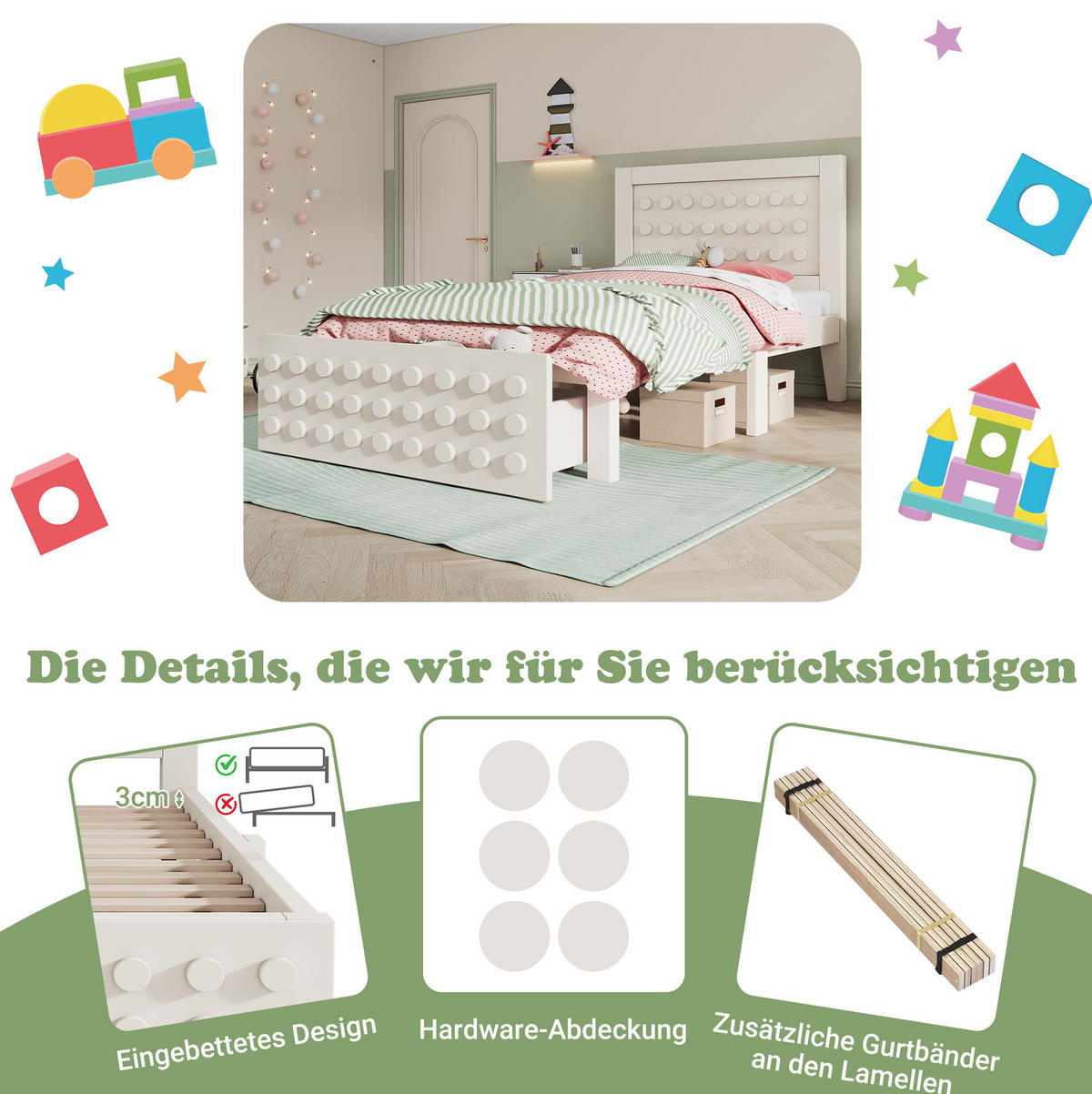 KINDERBETT 90/200 cm Weiß mit Stauraum und kreativem Blockdesign - Weiß, Holz (90/200cm) - OKWISH