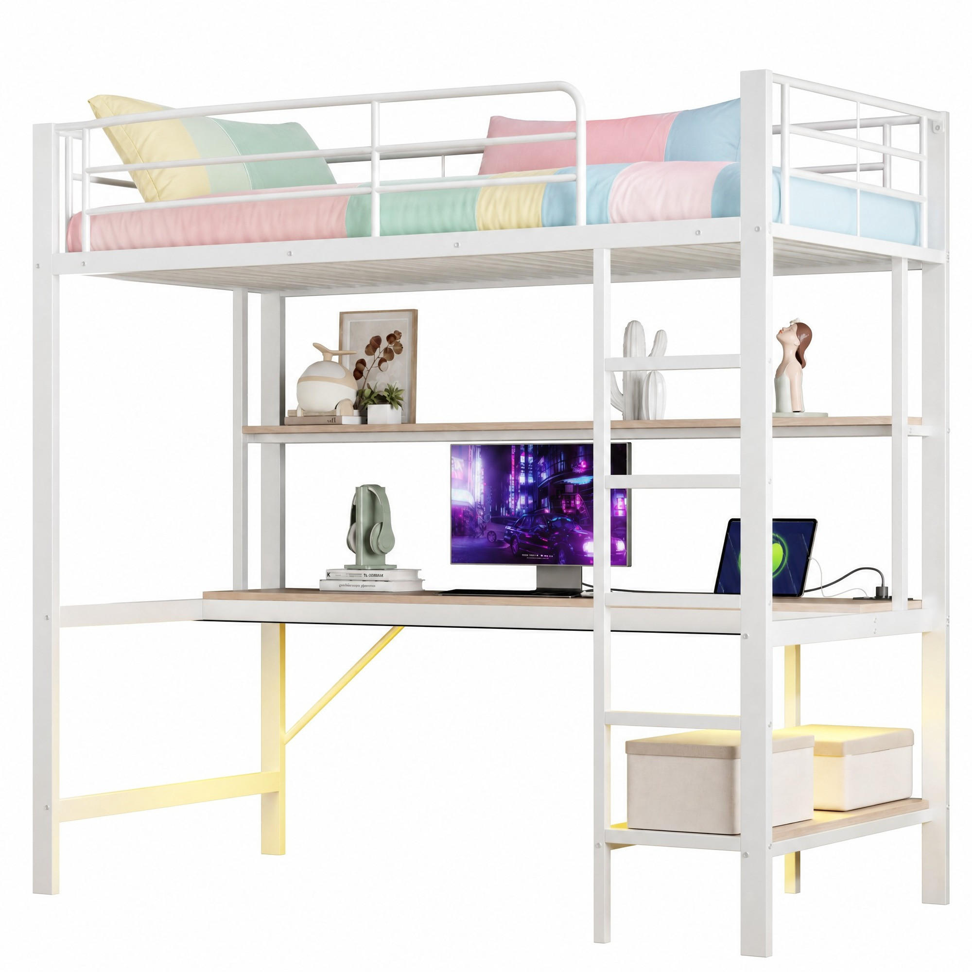 HOCHBETT 90/200 mit LED, USB, Steckdose und Schreibtisch in Weiß - Weiß, Holz/Holzwerkstoff (90/200cm) - EVRYAE