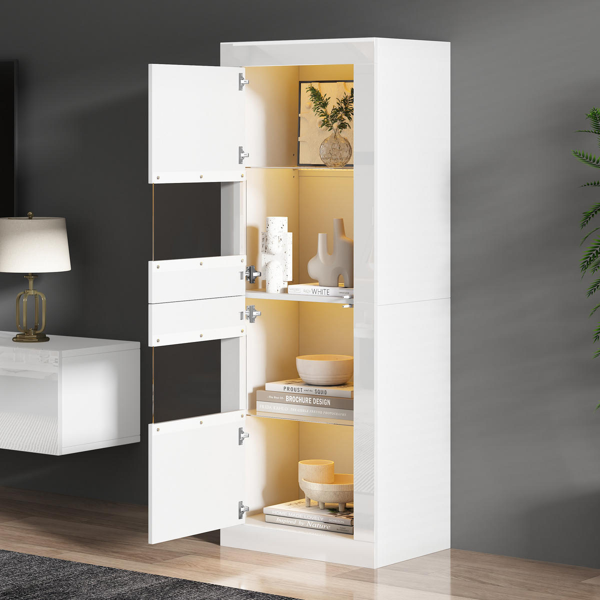 VITRINE DE-37762 mit LED-Beleuchtung und Glasböden Weiß - Weiß, Holzwerkstoff (61/162/42cm) - ComfortXL