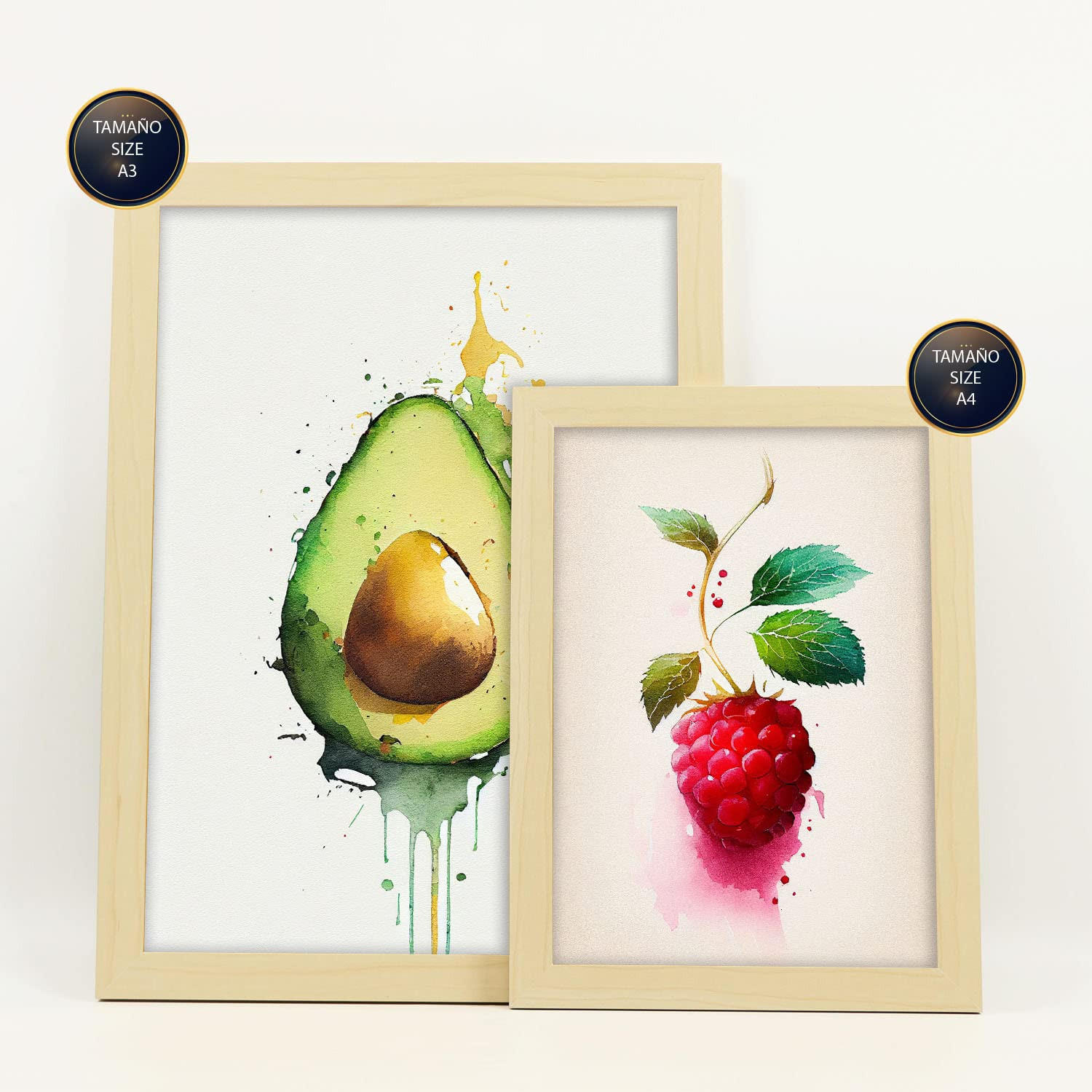 POSTER Set Mit 6 Erfrischende Früchte Plakate Von Obst Gemüse & Gesunden Lebensmitteln Im Aquarell Kunst Auf Reinweißen A3 & A4 Rahmen Aus Hellem Holz - Beige, Papier (29/3cm) - Nacnic