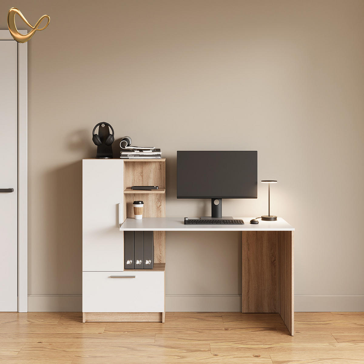 SCHREIBTISCH Lorena Sonoma/Weiß 150 x 120.1 cm mit 2 Türen - Sonoma Eiche, Holzwerkstoff (59.3/150/120.1cm) - Livinity®