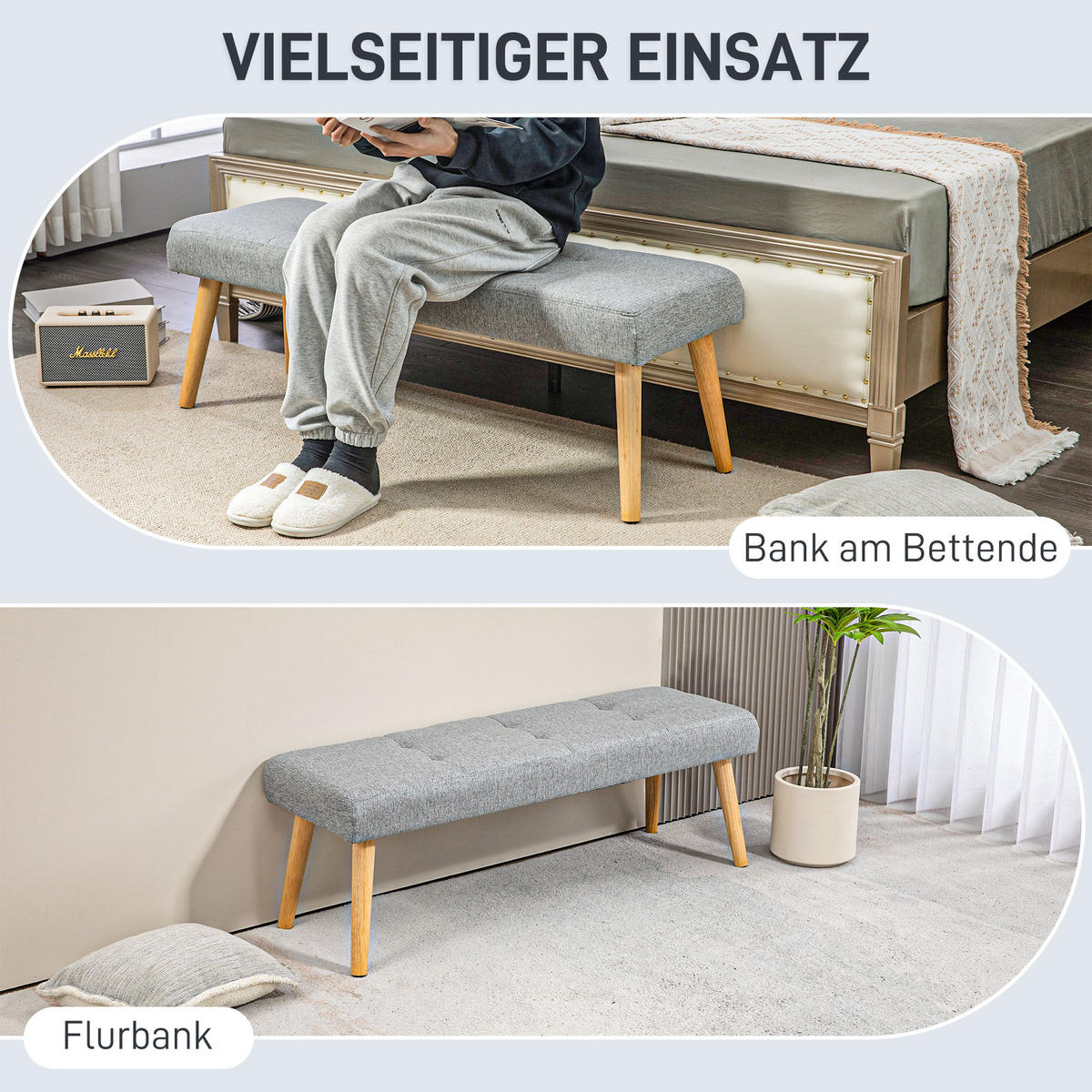 SITZBANK, Polsterbank mit Leinenoptik, Holzbeine 120 x 41 x 43 cm, Grau - Grau, Kunststoff (41/43/120cm) - HOMCOM