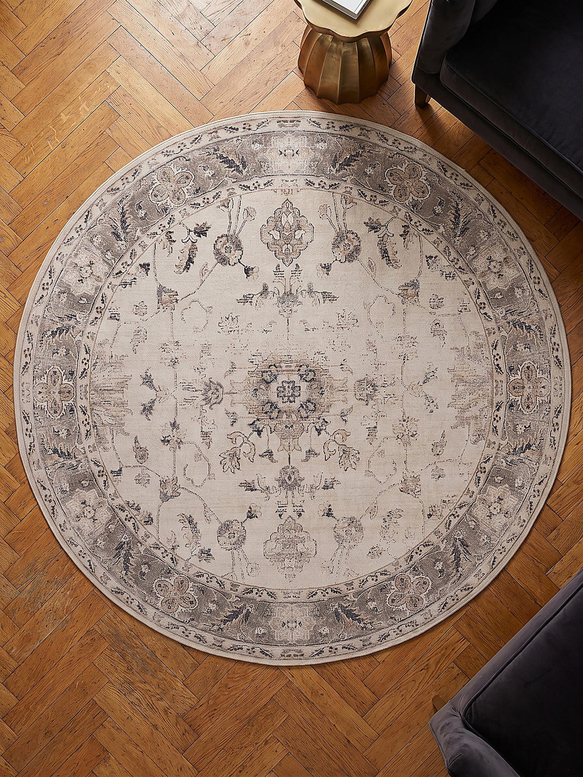 TEPPICH Kurzflor, waschbar, mit floralen Ornamenten, aus Polyester, VERNANTE in Beige-Grau, Ø 200 cm - Beige, Textil (200/200cm) - KADIMA DESIGN