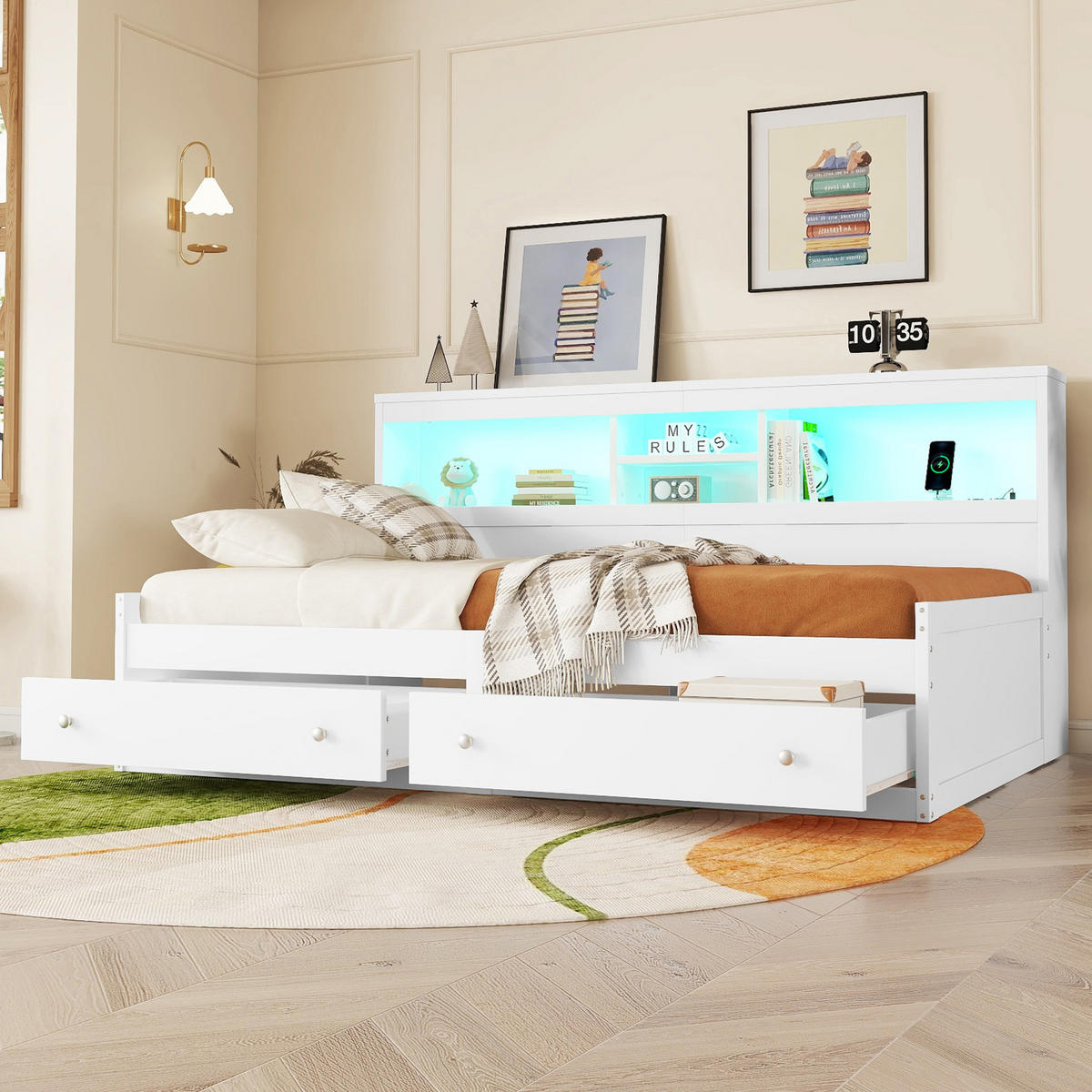 TAGEBETT 90x200cm Weiß Spanplatte Nachtkästchen 2 USB Ambiente-Licht - Weiß, Holz (90/200cm) - FLIEKS