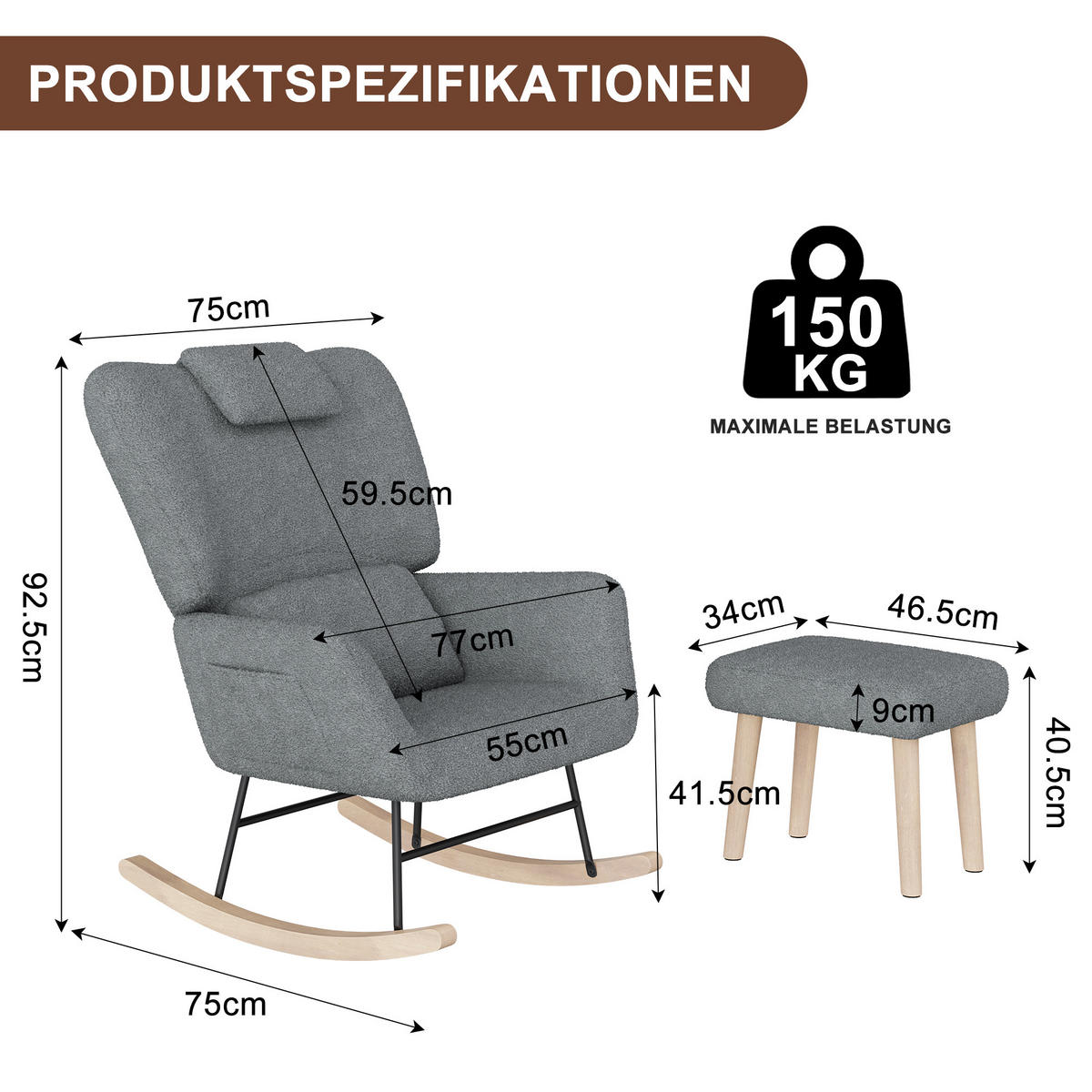 SCHAUKELSTUHL mit Hocker, Grau ,Lendenkissen, Kopfstütze, Seitentaschen und Massivholzsockel, Lammwolle Stoff-für Wohnzimmer, Schlafzimmer - Grau, Holz/Metall (75/42/93cm) - BursDany