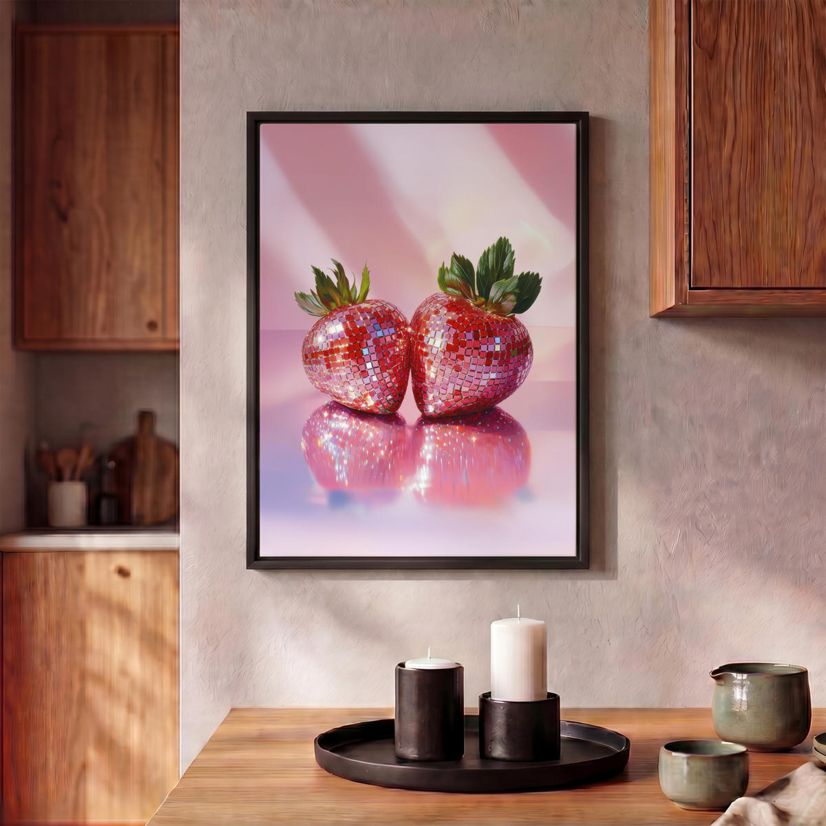 LEINWAND Bilder mit Rahmen - Disco - Obst - Glitzer - Erdbeere - 30x40 - Pink, Textil (30/40cm) - MuchoWow