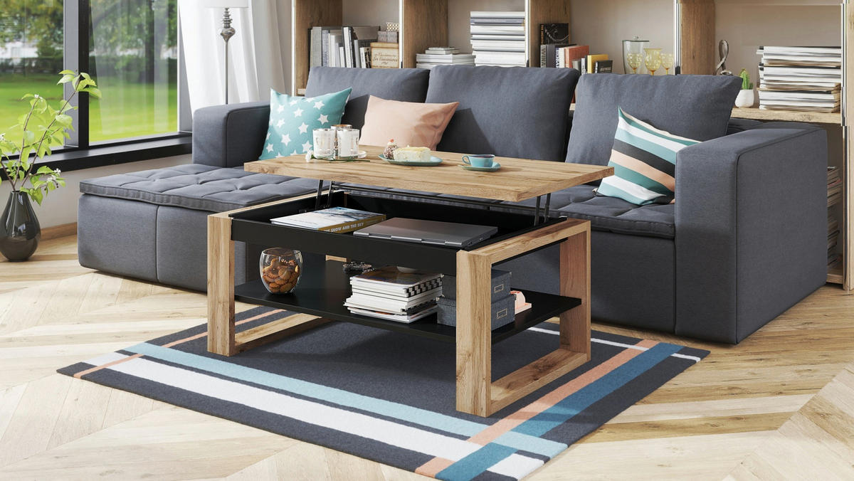 COUCHTISCH rechteckig Eiche Wotan - Schwarz aufklappbar 110/65/50 cm - Eiche Wotan/Schwarz, Holzwerkstoff (65/110/50cm) - designimpex