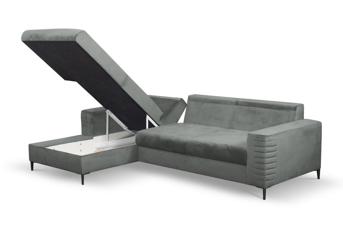 ECKSOFA GRIFO L-S Hellgrau Velours-Stoff mit Schlaffunktion - Hellgrau, Holz (253/165cm) - MASSENO