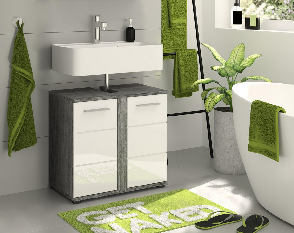 WASCHBECKENUNTERSCHRANK Blake Bad in Rauchsilber Nb. und weiß hochglanz B/H/T: 60x57x34 cm - Silberfarben, Holz (57/60/34cm)