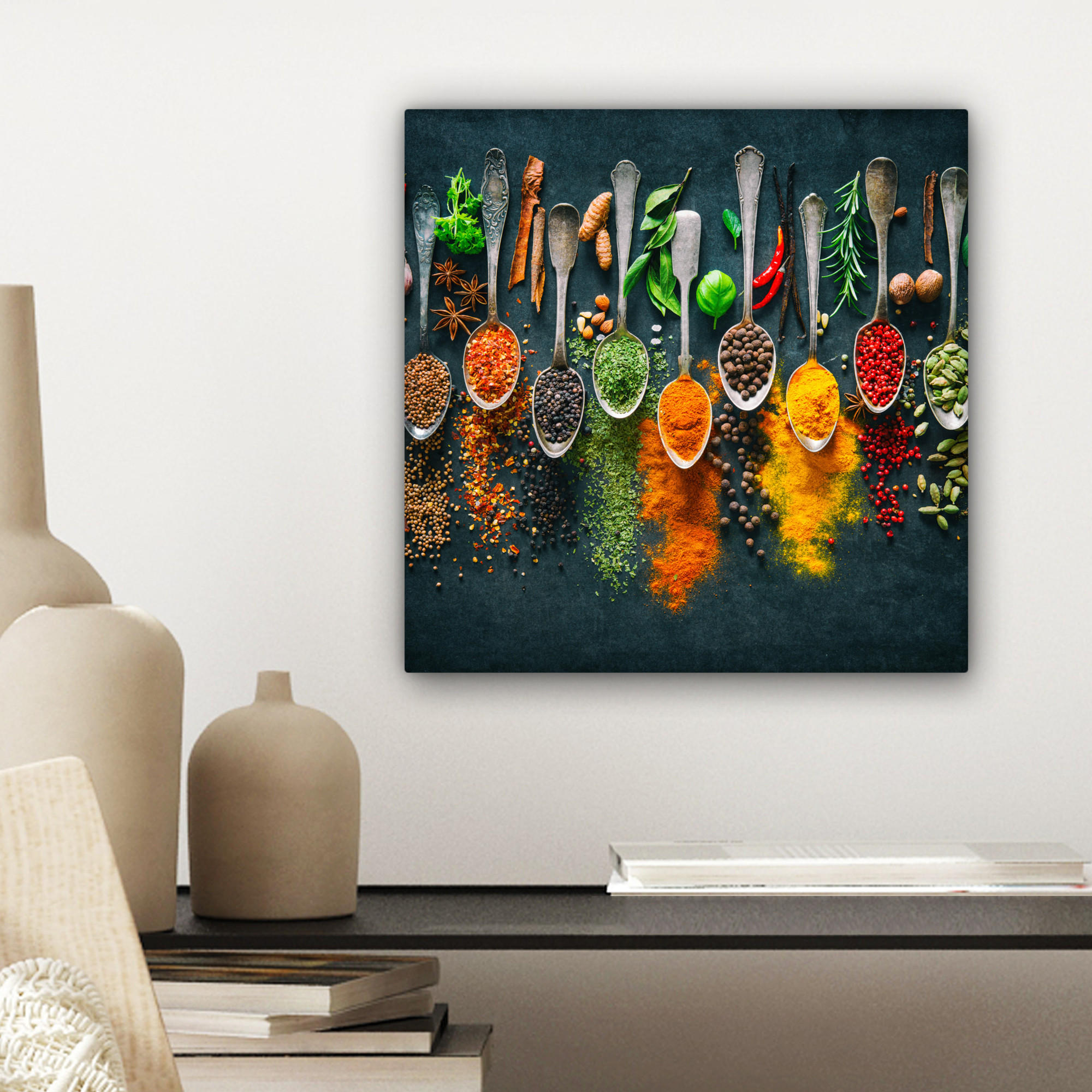 LEINWANDBILD Kräuter - Gewürze - Löffel 20x20 cm - Currygelb, Textil (20/20cm) - MuchoWow