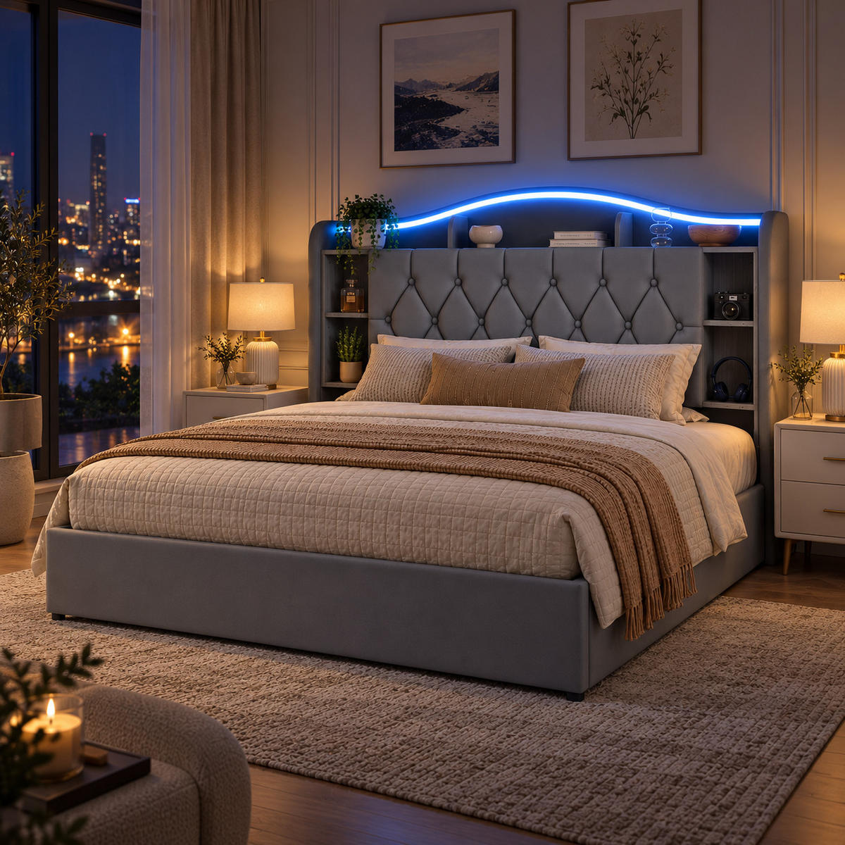 POLSTERBETT 140/190 cm mit Stauraum-Bettkasten, Ablagekopfteil mit Seitenfächern, mehrfarbigem LED-Licht & USB-Anschluss, grauer Stoffbezug - Grau, Holz/Metall (140/190cm) - Joyfair