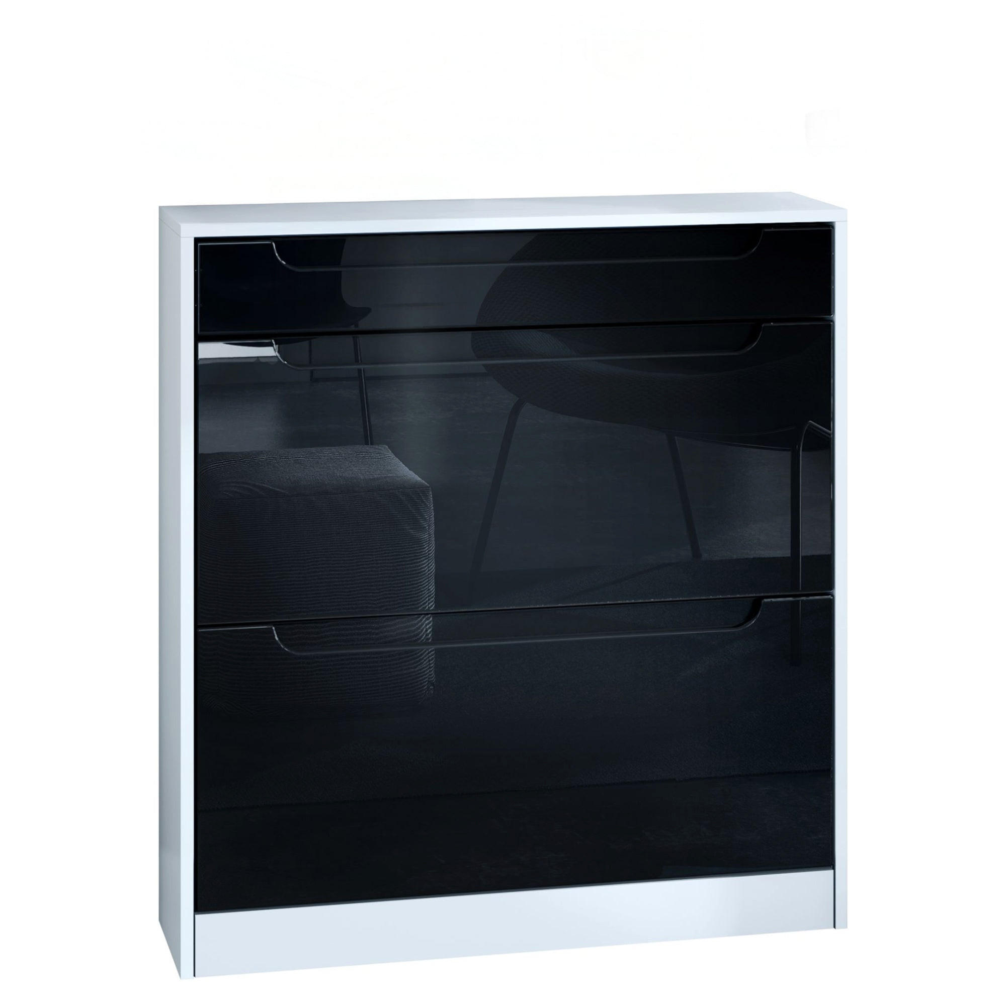 SCHUHSCHRANK Venezia Schmal mit 2 Klappen und 1 Schublade, Platzsparender Schuhkipper, Schwarz Hochglanz (89 x 95,5 x 23 cm) - Schwarz Hochglanz, Holzwerkstoff (89/95.5/23cm) - InnoFurn