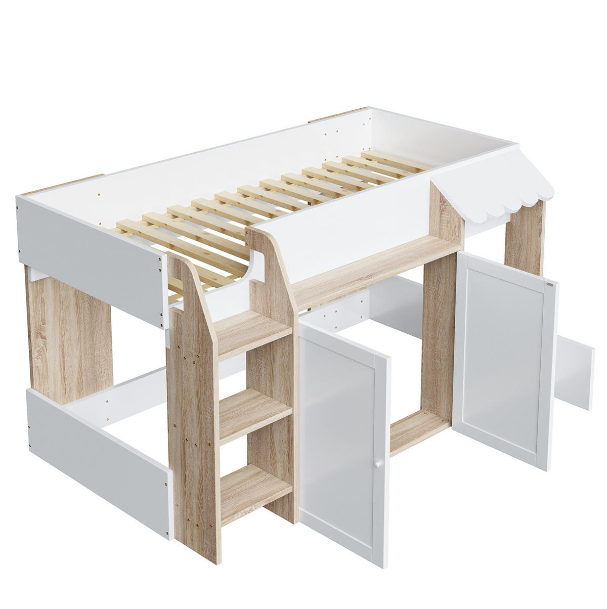 HOCHBETT aus Holz 90x200 cm in Weiß mit Leiter & Stauraum - Weiß, Holzwerkstoff (90/200cm) - Modfu
