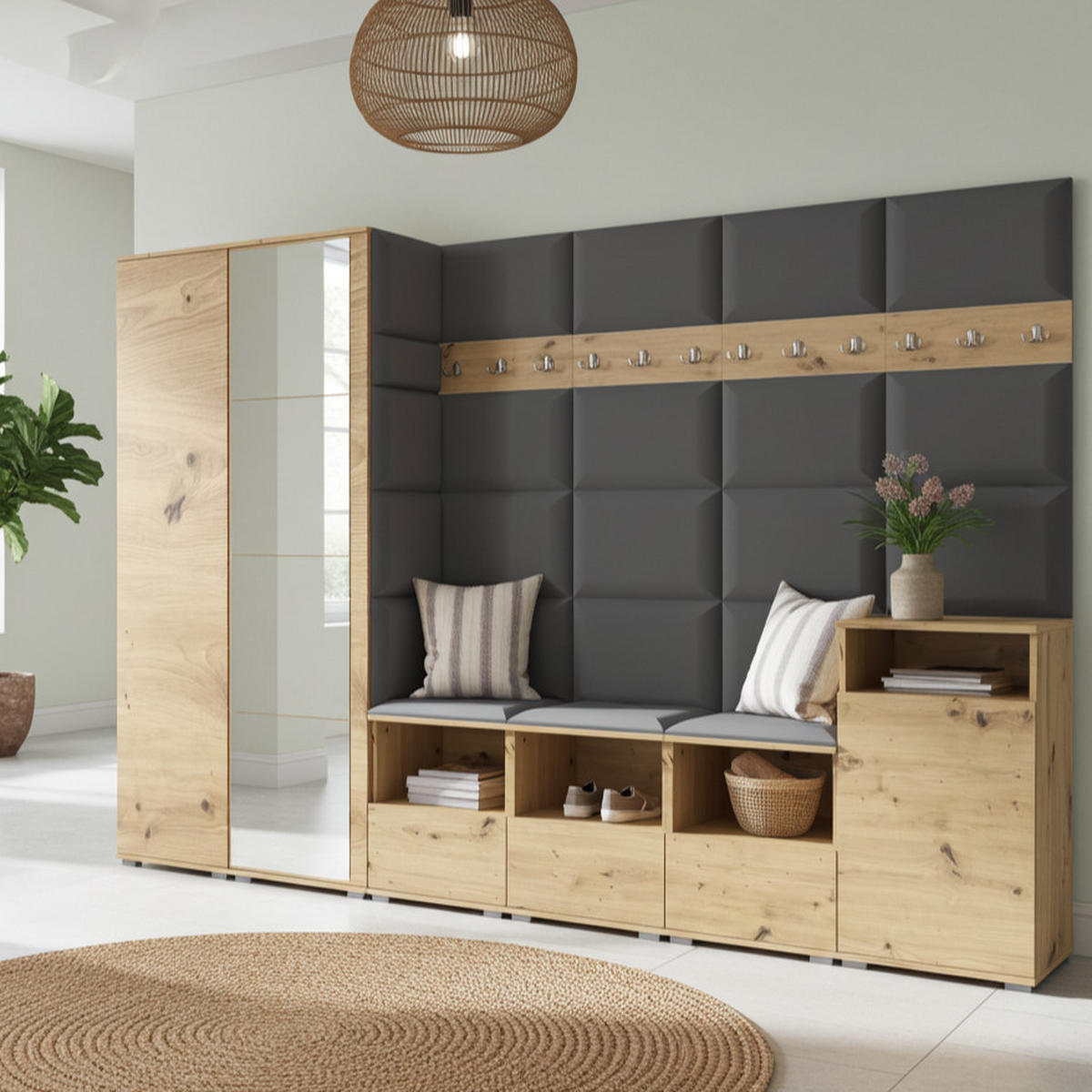 GARDEROBE NELA XII 300 cm (Modulare Flurmöbel Artisan Eiche mit Spiegel & Sitzpolster Dunkelgrau 15 Gigantisches Set) - Dunkelgrau/Silberfarben, Holz/Holzwerkstoff (300/187/40cm) - Ravio
