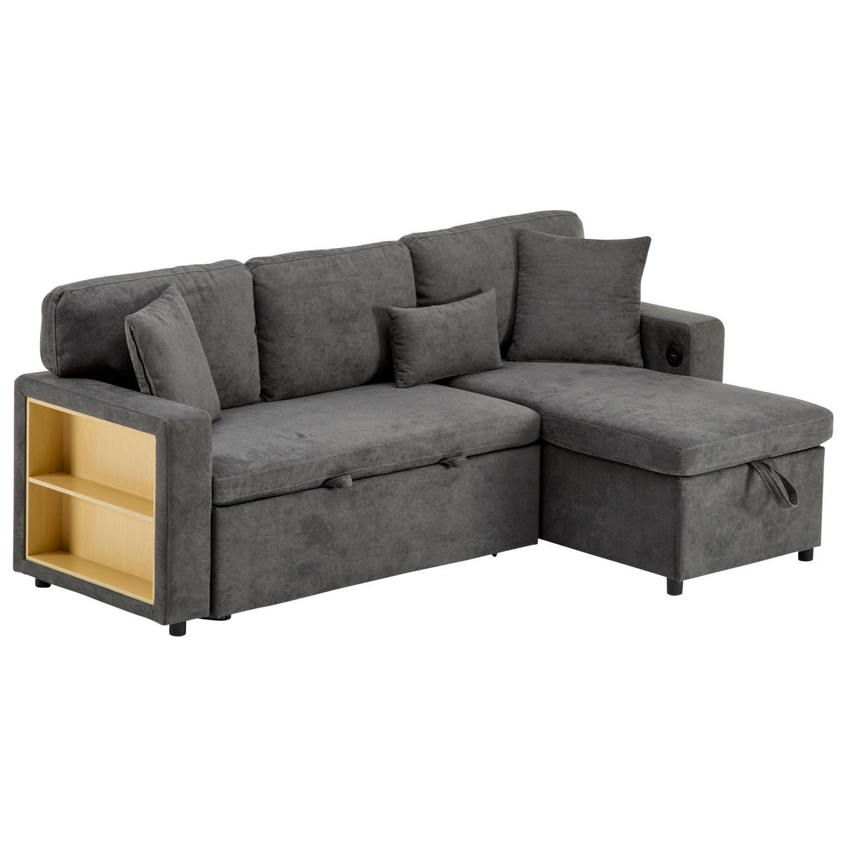 ECKSOFA mit Schlaffunktion und integriertem USB-Anschluss Dunkelgrau Oxford-Stoff 214/131/87 cm - Dunkelgrau, Textil (215/131cm) - OKWISH