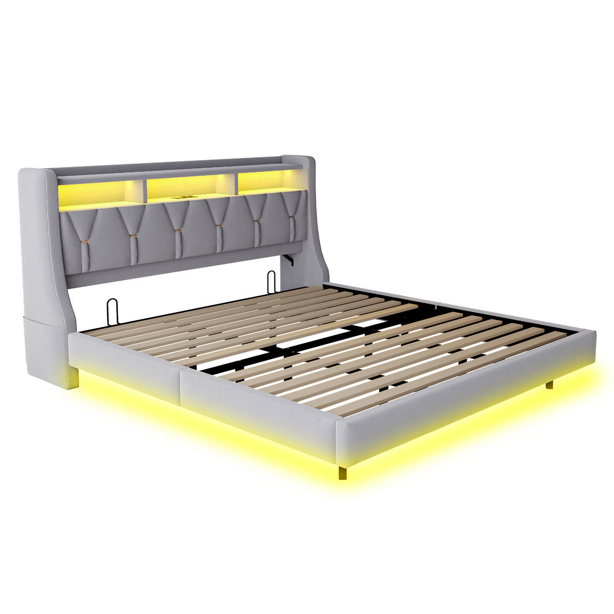 POLSTERBETT 180/200 cm mit LED, USB-/Typ-C-Anschluss, Stauraum-Kopfteil und Samtbezug, Hellgrau - Grau, Textil (180/200cm) - Redom