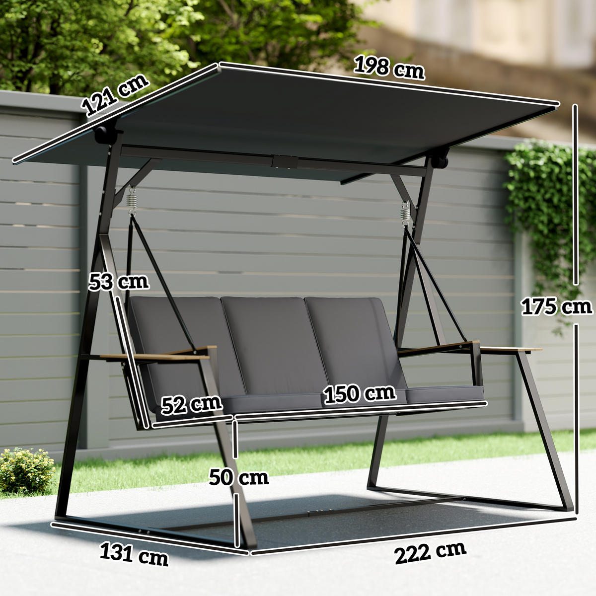 HOLLYWOODSCHAUKEL 3-Sitzer 222/131/175 cm Dunkelgrau - Grau, Textil (131/175/222cm) - Outsunny