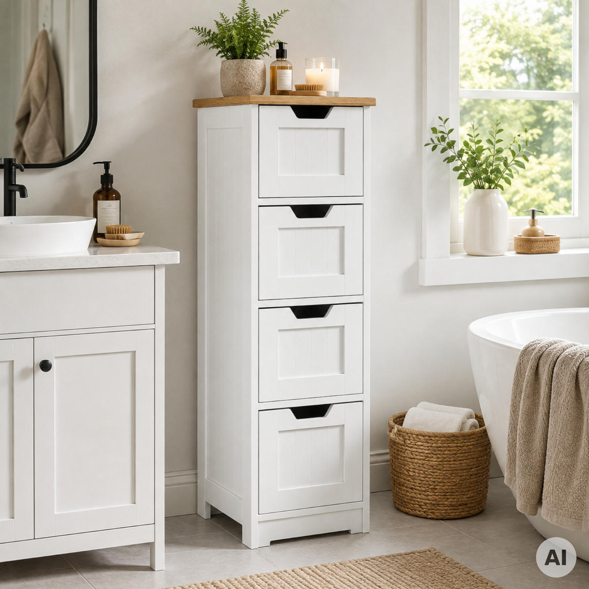 BADEZIMMERSCHRANK MDF Weiß Eiche 4 Schubladen 30x30x81 cm - Eichefarben/Weiß, Holzwerkstoff (30/81/30cm) - Begryf