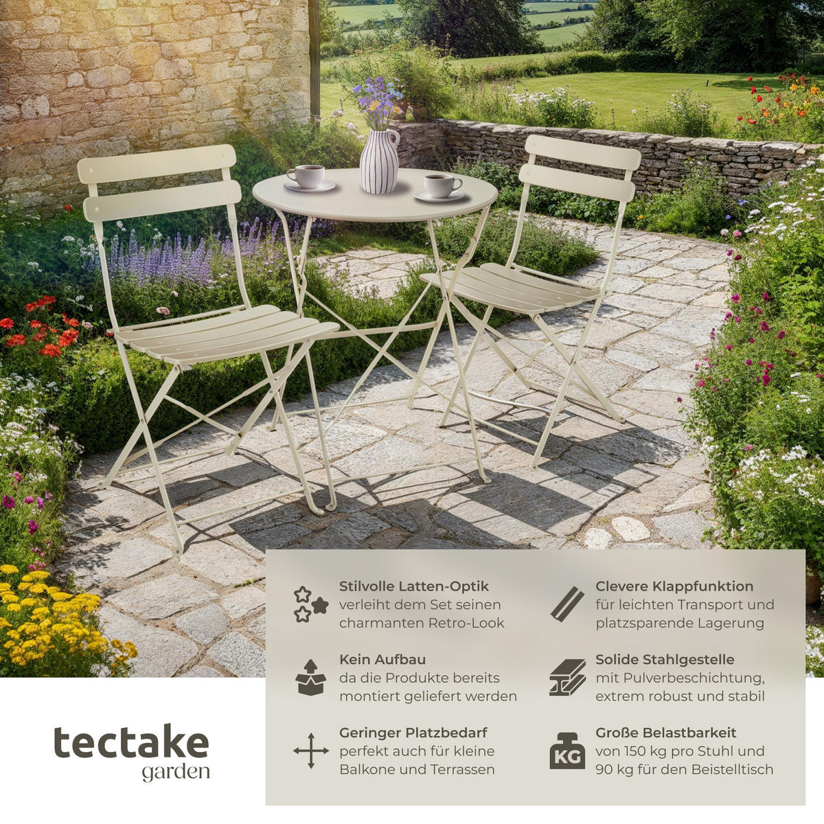 BISTROTISCH SET Frieda,Belastbarkeit Stuhl 120 kg,creme - Creme, Naturmaterialien/Textil - tectake