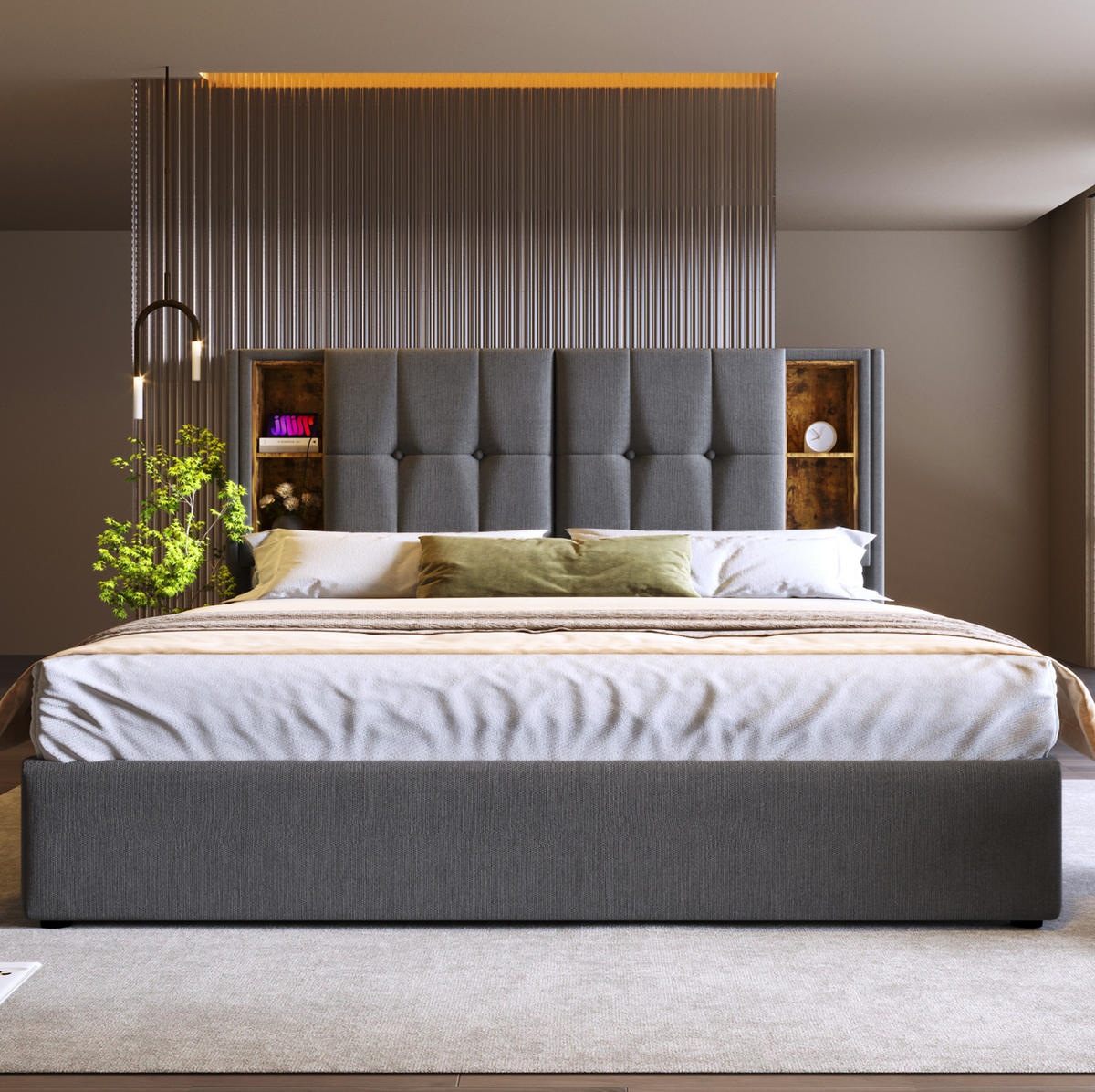 POLSTERBETT 140/200 cm Grau mit Stauraum, USB- und Type-C-Anschlüssen - Grau, Textil (140/200cm) - Flora Grace