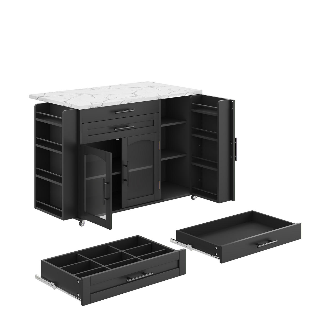 KÜCHENINSEL Mobiler Küchenwagen, Klappbarer Arbeitsbereich, Holzimitat, 138/70/90 cm - Schwarz, Kunststoff (70/90/138cm) - Rolipo