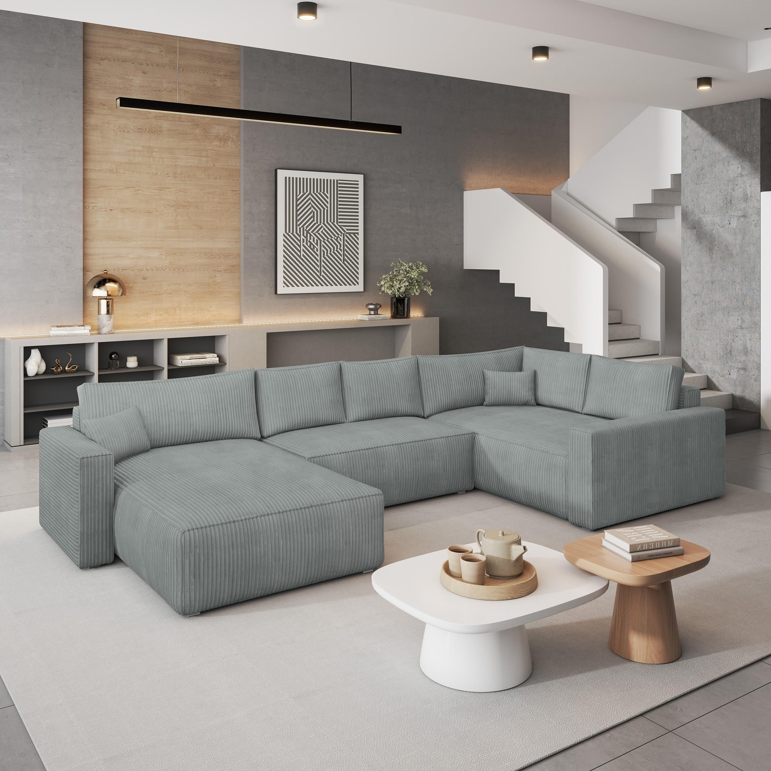 WOHNLANDSCHAFT VELAMI R-S Hellgrau Kordstoff mit Schlaffunktion - Hellgrau, Holz (365/83/194cm) - MASSENO