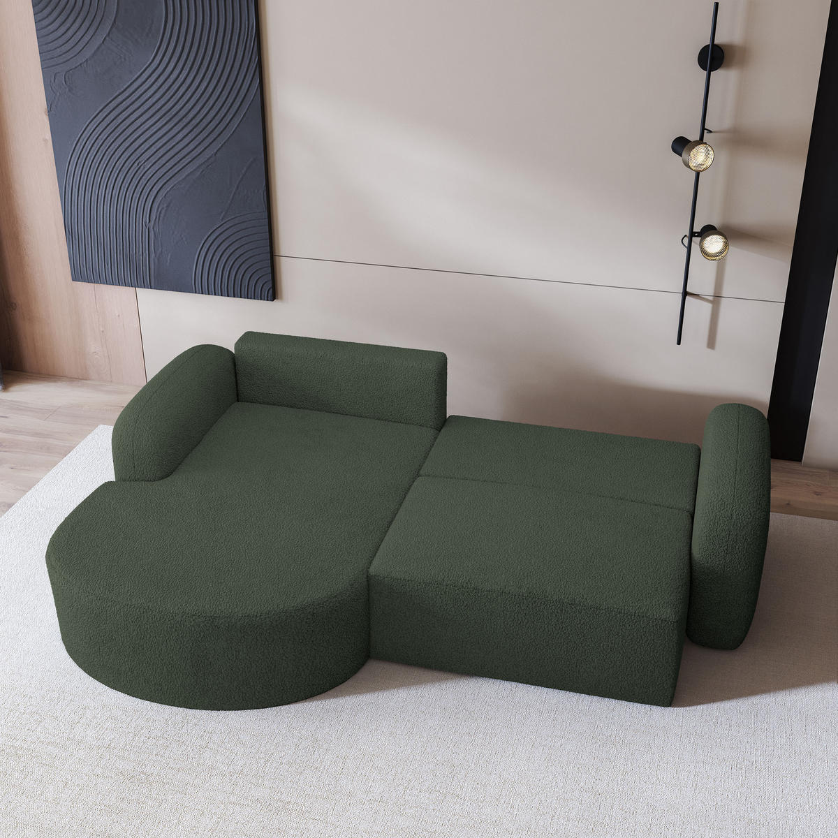ECKSOFA AMILIA L-S Grün Boucle-Stoff mit Schlaffunktion - Grün, Holz (263/174cm) - MASSENO