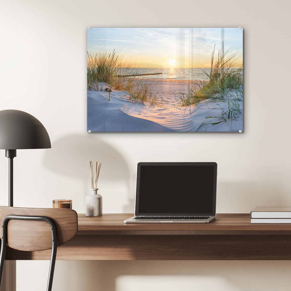 ACRYLGLASBILD Strand - Sonne - Düne - Gras - Sand - Horizont 60x40 cm - Hellblau, Glas (60/40cm) - MuchoWow