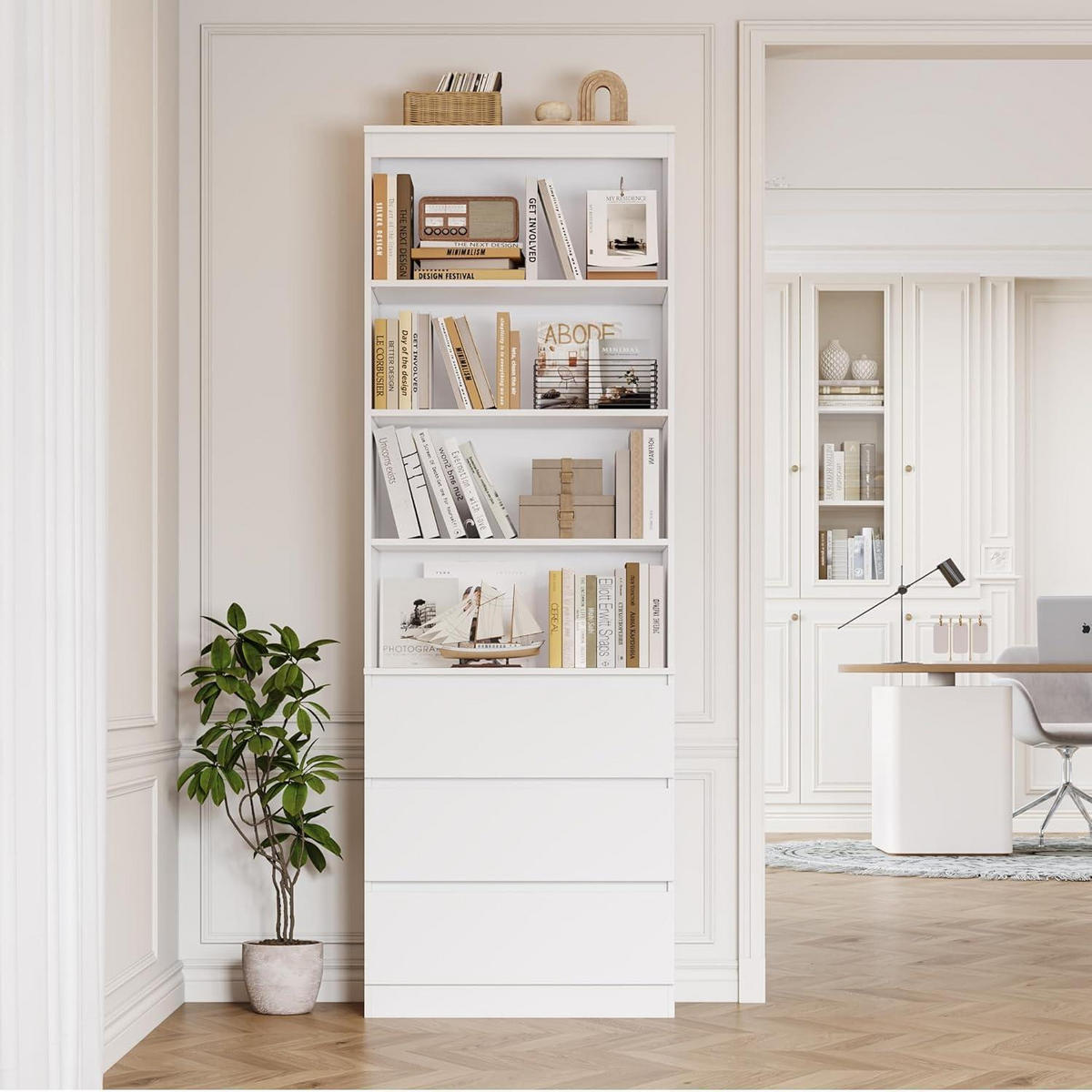 BÜCHERREGAL mit 3 Schubladen weiß 202 x 60 x 35 cm - Weiß, Holzwerkstoff (60/202/35cm)