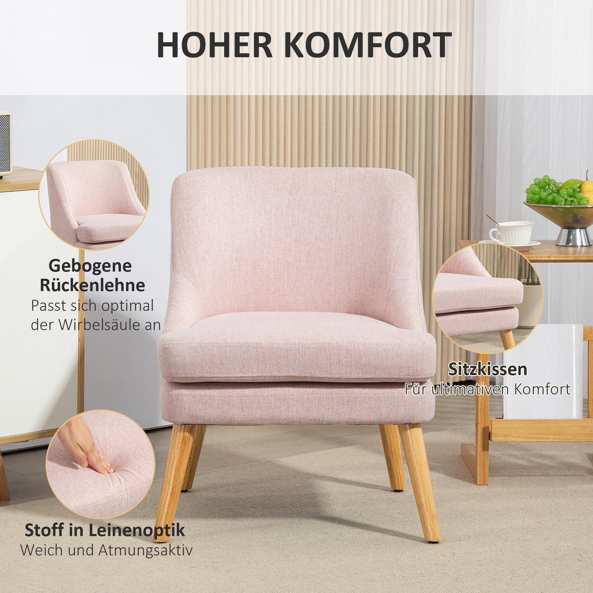 SESSEL Loungesessel mit Leinenoptik, Armlehne, Gepolstert Relaxsessel Rosa - Rosa, Textil (69/79.5/63cm) - HOMCOM