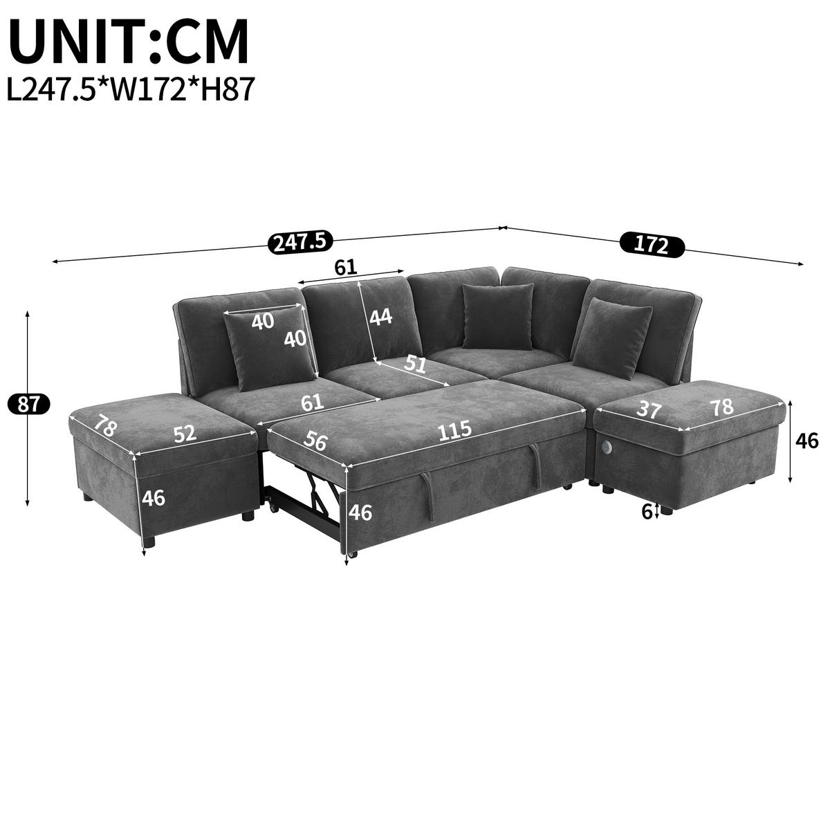 ECKSOFA mit Schlaffunktion Stauraumhocker USB/Type-C Chenille Grau - Grau, Textil (247.5/172cm) - EVRYAE