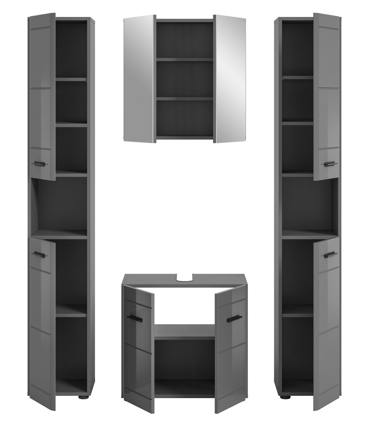 BADMÖBEL-SET grau Hochglanz 4-teilig, Komplettset mit Soft-Close - Grau, Glas/Holzwerkstoff (150/190/34cm) - Inn.Furn
