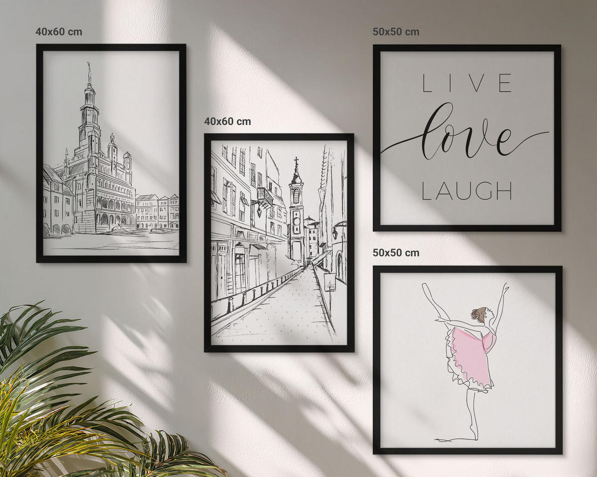 WANDBILDER 4er-Set - 50x50 cm & 40x60 cm Schwarzer Rahmen - Stilvolle Grafik, Ballerina-Architektur - Schwarz, Kunststoff (50/50cm) - ArtPrintCave