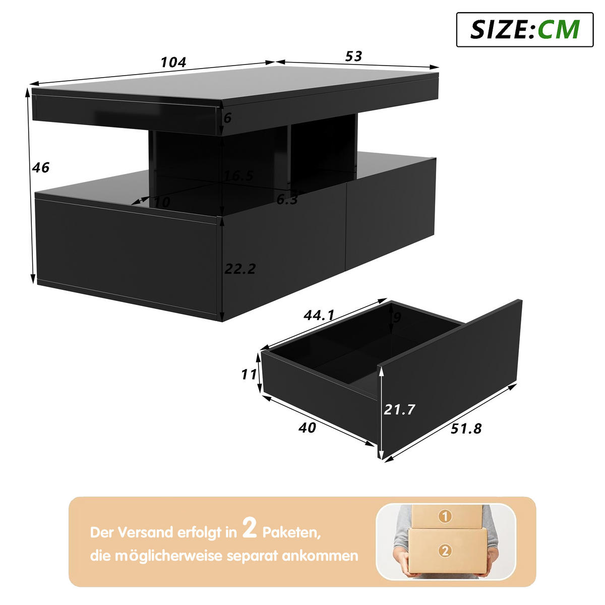 COUCHTISCH 104x53 cm mit LED, Steckdosen & 2 Schubladen, Weiß - Schwarz, Metall (53/104/46cm) - EuroLiving