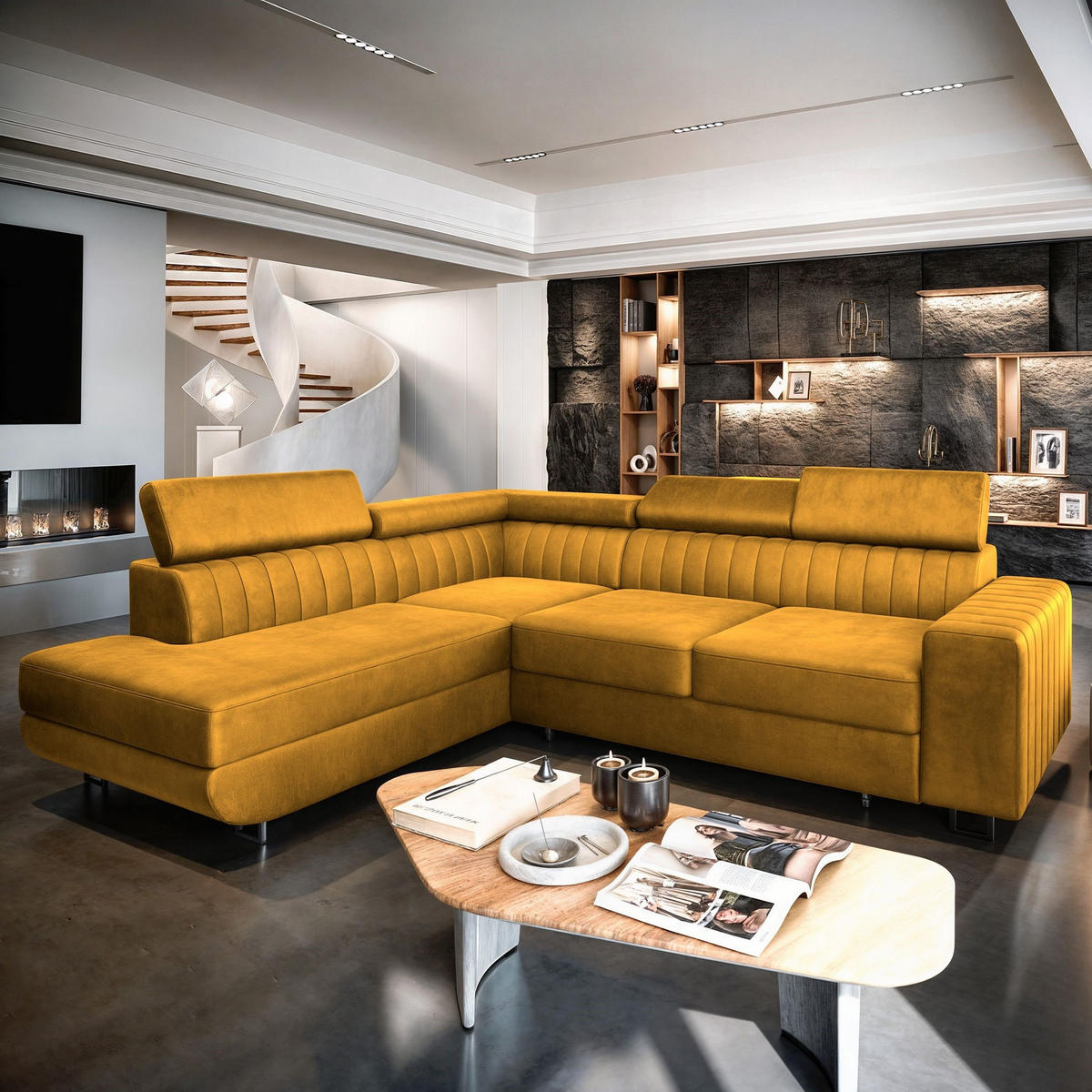 ECKSOFA NOLA L-S Gelb Velours-Stoff mit Schlaffunktion - Gelb, Holz (253/190cm) - MASSENO