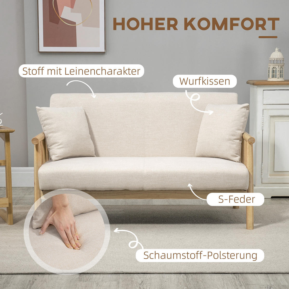 2 Sitzer Sofa, Couch mit 2 Lendenkissen, Leinenoptik für kleine Räume Beige - Beige, Holz/Kunststoff (69/74/123cm) - HOMCOM
