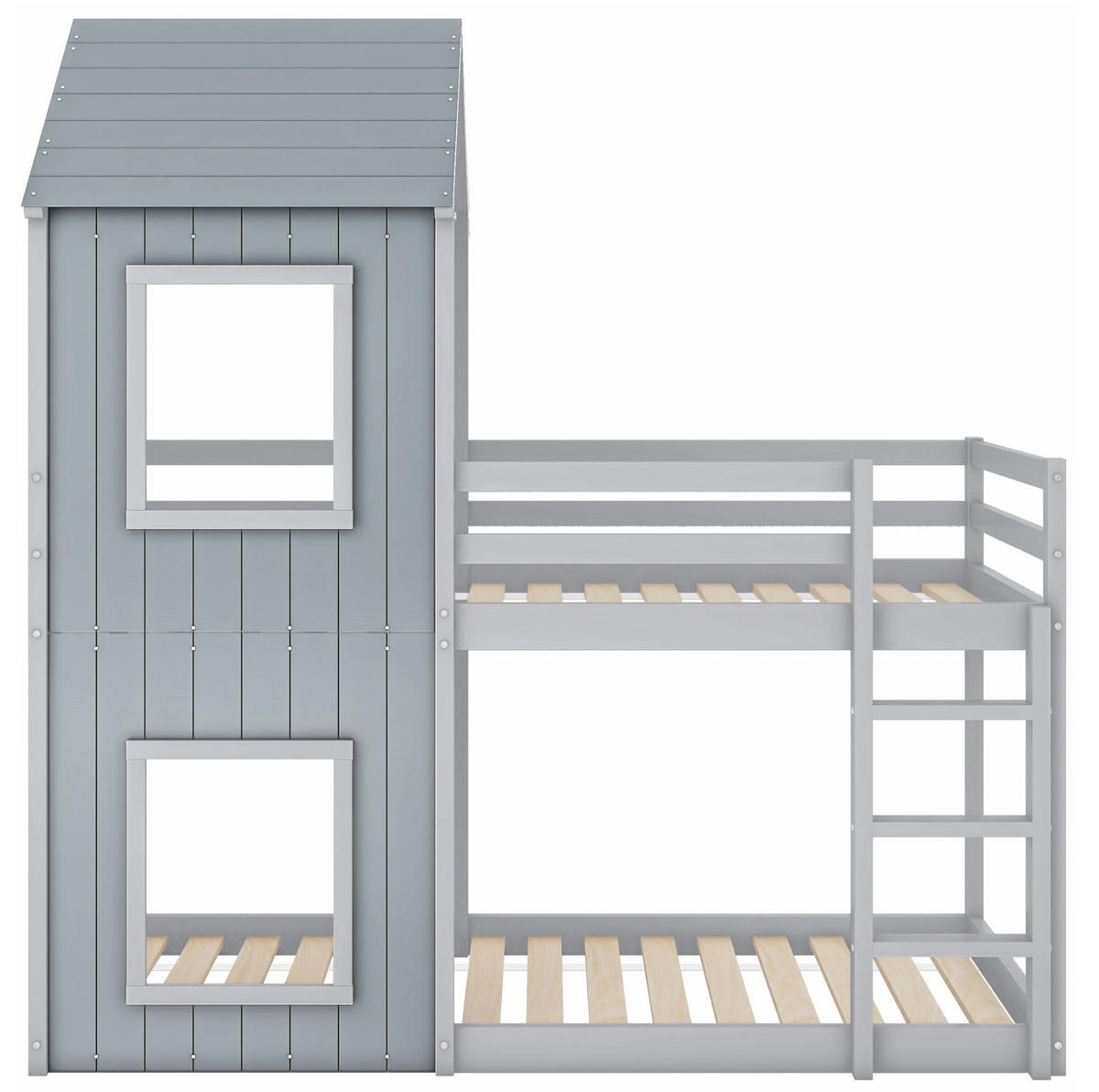 HAUSBETT 90/200 cm aus Kiefer massiv in Grau mit Sicherheitsgeländer - Grau, Holzwerkstoff (90/200cm) - BEAOK