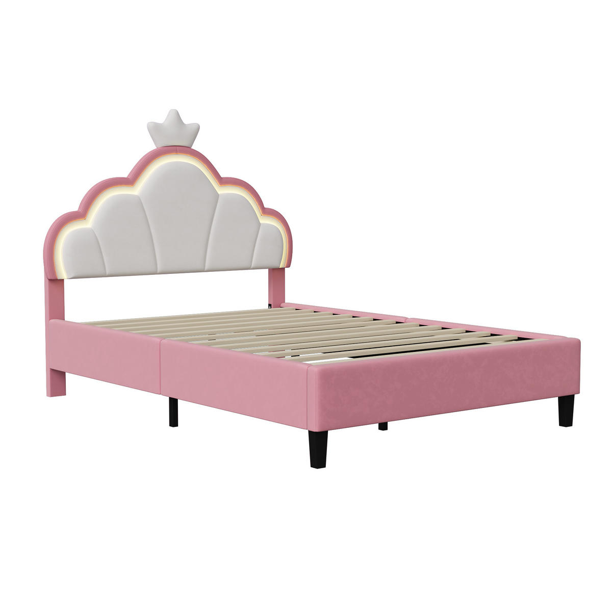 POLSTERBETT 140x200 cm mit höhenverstellbarem Kopfteil & RGB-LED – Doppelbett / Kinderbett für Mädchen, Samt, Rosa - Pink, Holz/Metall (140/200cm) - BursDany