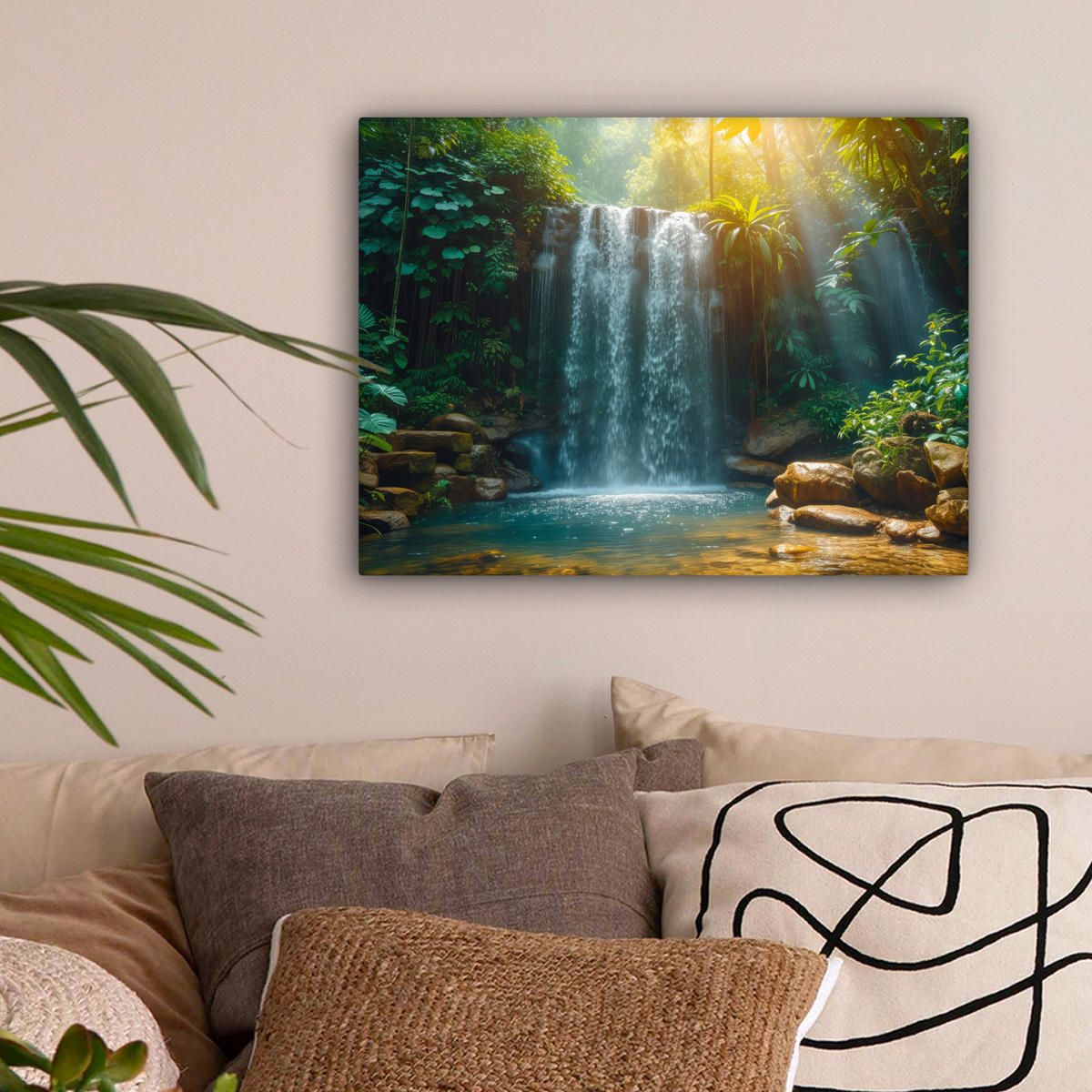 LEINWANDBILD Wasserfall - Dschungel - Sonne - Grün - Natur Wandbild 40x30 cm - Grün, Textil (40/30cm) - MuchoWow