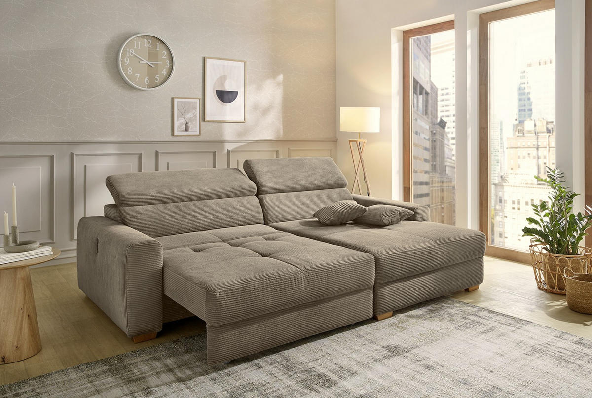 ECKSOFA mit elektrischer Sitztiefenverstellung, Kopflehnen verstellbar, USB-A und USB-C Ladefunktion B277/T187/H109 cm, Cord Braun Taupe / 15401 - Taupe/Eichefarben, Eichenholz/Textil (277/187cm) - luma-home